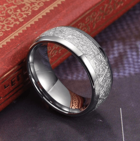 8MM Gold/Silver Tungsten Carbide with Vintage Meteorites Pattern Inlay Wedding Band Ring