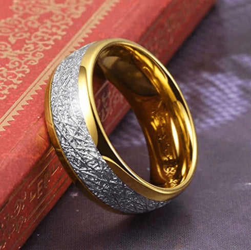 8MM Gold/Silver Tungsten Carbide with Vintage Meteorites Pattern Inlay Wedding Band Ring