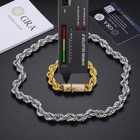 925 Sterling Silver 12mm Rope Chain VVS Moissanite Diamond Clasp