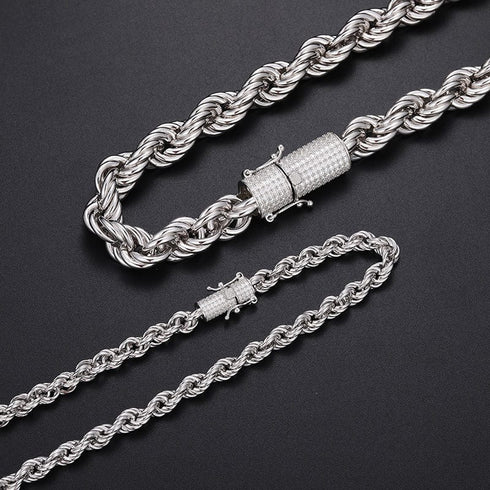 925 Sterling Silver 12mm Rope Chain VVS Moissanite Diamond Clasp