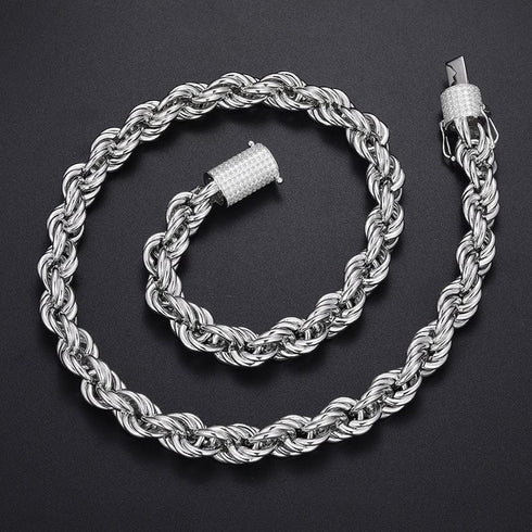 925 Sterling Silver 12mm Rope Chain VVS Moissanite Diamond Clasp