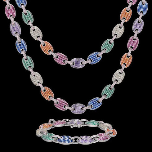 925 Sterling Silver 12mm VVS Moissanite Rainbow G-Link Cuban Chain