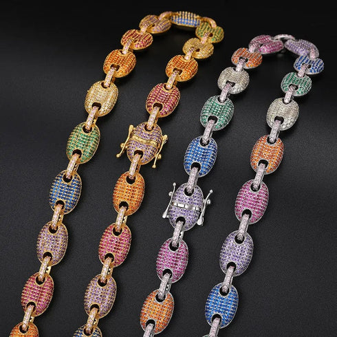 925 Sterling Silver 12mm VVS Moissanite Rainbow G-Link Cuban Chain