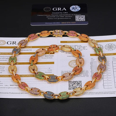 925 Sterling Silver 12mm VVS Moissanite Rainbow G-Link Cuban Chain
