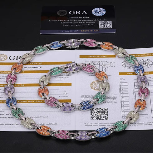 925 Sterling Silver 12mm VVS Moissanite Rainbow G-Link Cuban Chain