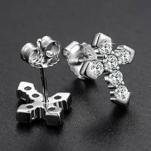 925 Sterling Silver VVS Moissanite Byzantine Cross Stud Earrings