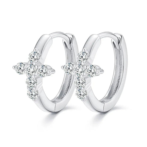 925 Sterling Silver VVS Moissanite Cross Hoop Earrings
