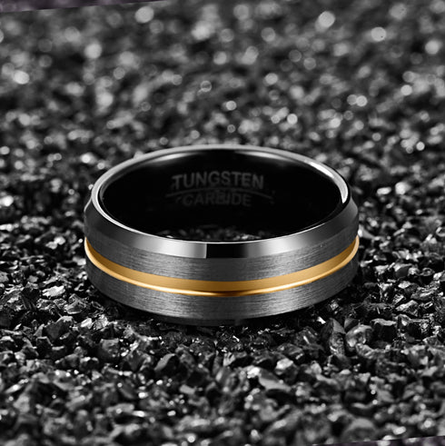 Black Brushed Silver 8MM Gold Tungsten Carbide Ring