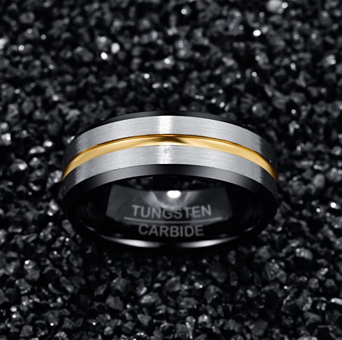 Black Brushed Silver 8MM Gold Tungsten Carbide Ring