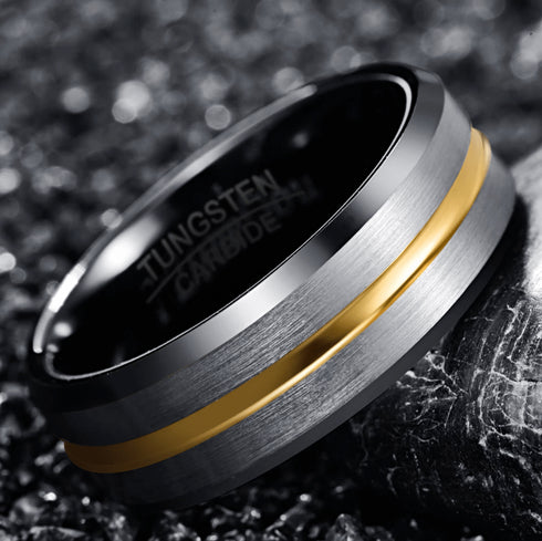 Black Brushed Silver 8MM Gold Tungsten Carbide Ring