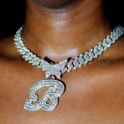 Bling Butterfly Letter Cuban Link Chain