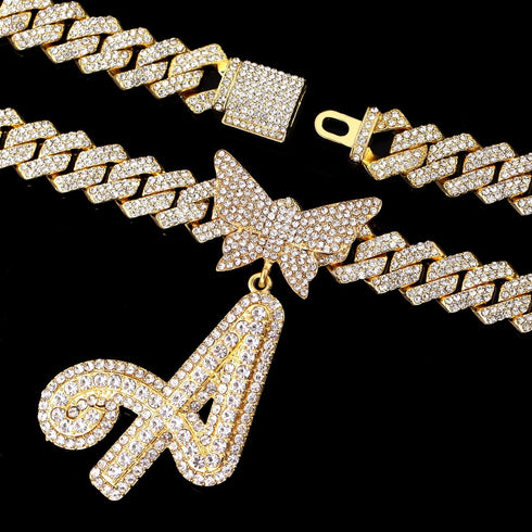 Bling Butterfly Letter Cuban Link Chain