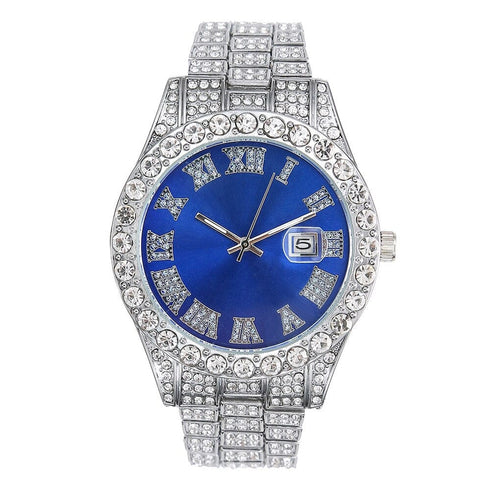 Fully Iced Out Silver Colored Dial Men's Classic Watch