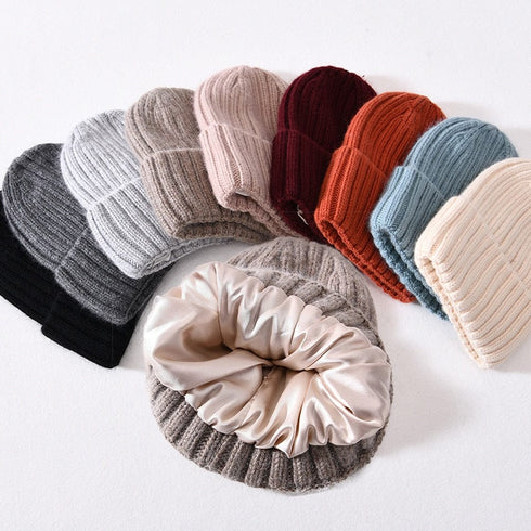 Chunky Silk Satin Lined Knitted Beanie