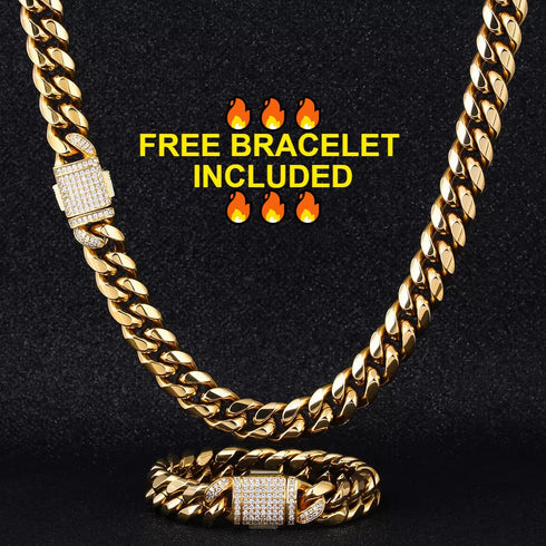 VVS Jewelry 316L Stainless Steel 18k Gold/Silver Cuban Chain + FREE Bracelet Bundle
