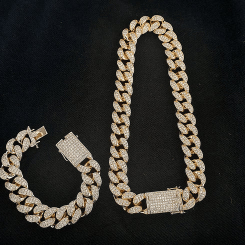 18k Gold/Silver Cuban Link Chain Set – Iced Out Necklace & FREE Bracelet