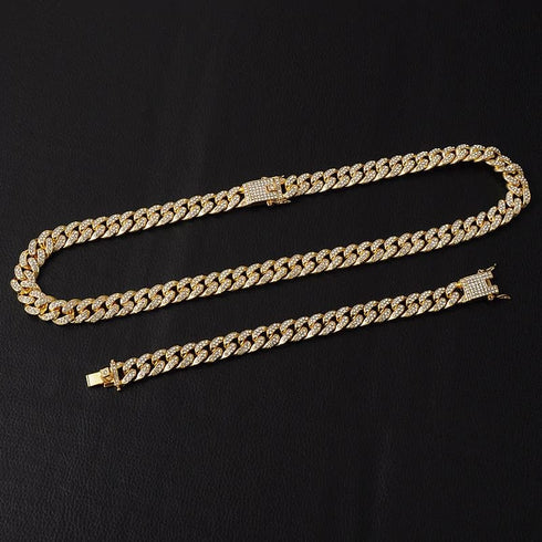 18k Gold/Silver Cuban Link Chain Set – Iced Out Necklace & FREE Bracelet