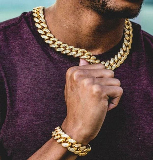 18k Gold/Silver Cuban Link Chain Set – Iced Out Necklace & FREE Bracelet