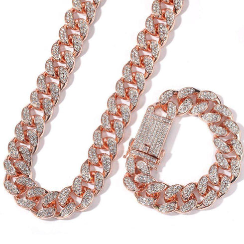 18k Gold/Silver Cuban Link Chain Set – Iced Out Necklace & FREE Bracelet