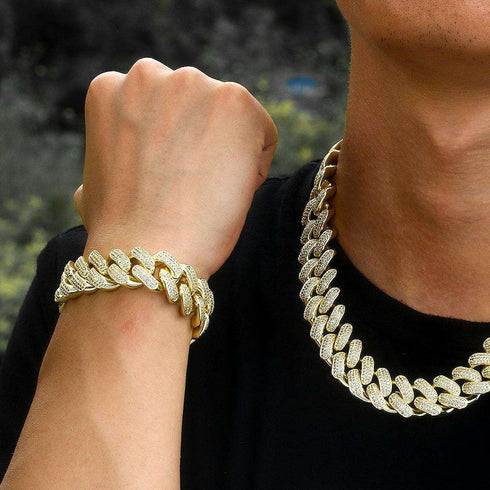 18k Gold/Silver Cuban Link Chain Set – Iced Out Necklace & FREE Bracelet