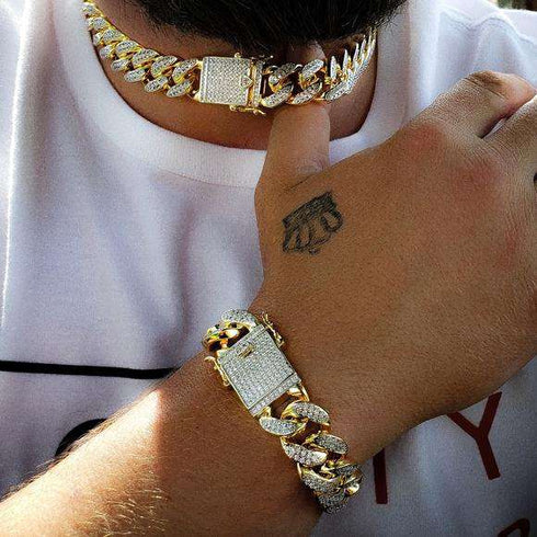 18k Gold/Silver Cuban Link Chain Set – Iced Out Necklace & FREE Bracelet