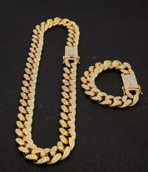 18k Gold/Silver Cuban Link Chain Set – Iced Out Necklace & FREE Bracelet