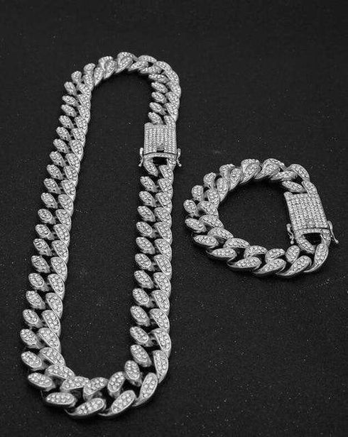 18k Gold/Silver Cuban Link Chain Set – Iced Out Necklace & FREE Bracelet