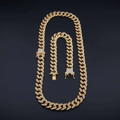 18k Gold/Silver Cuban Link Chain Set – Iced Out Necklace & FREE Bracelet