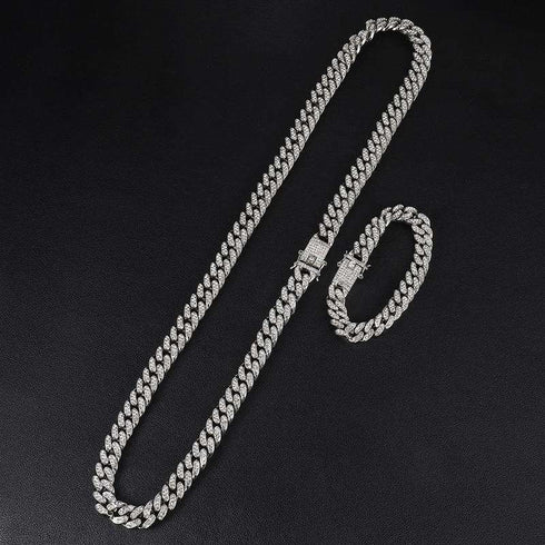 18k Gold/Silver Cuban Link Chain Set – Iced Out Necklace & FREE Bracelet