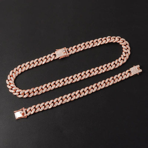 18k Gold/Silver Cuban Link Chain Set – Iced Out Necklace & FREE Bracelet