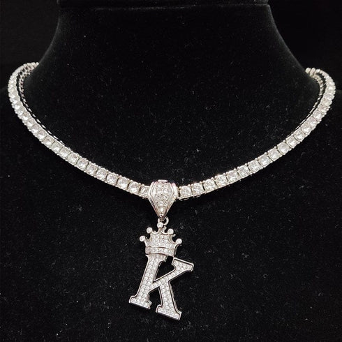 Custom Block Crown Initial Pendant Tennis Chain