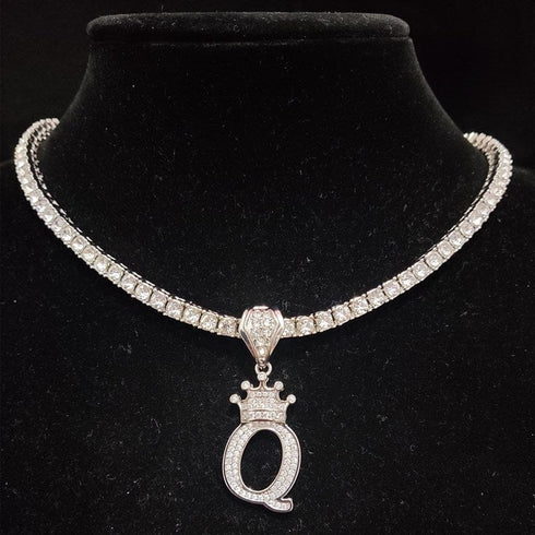 Custom Block Crown Initial Pendant Tennis Chain