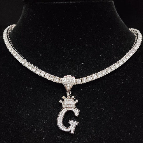 Custom Block Crown Initial Pendant Tennis Chain