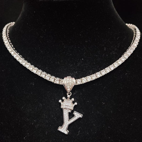 Custom Block Crown Initial Pendant Tennis Chain