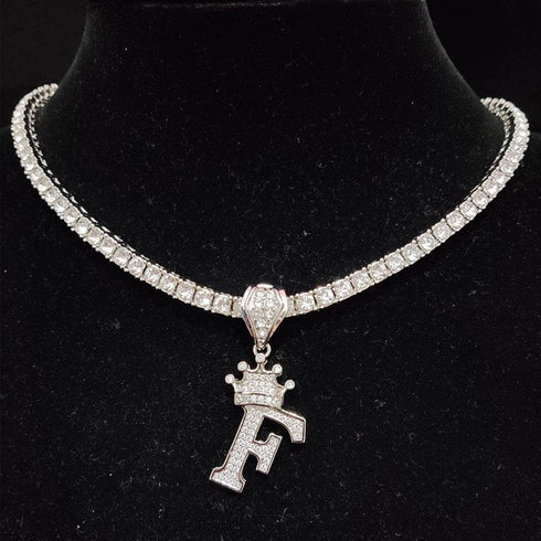 Custom Block Crown Initial Pendant Tennis Chain
