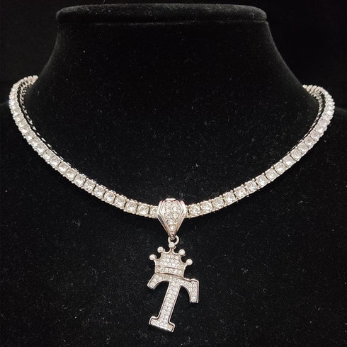 Custom Block Crown Initial Pendant Tennis Chain