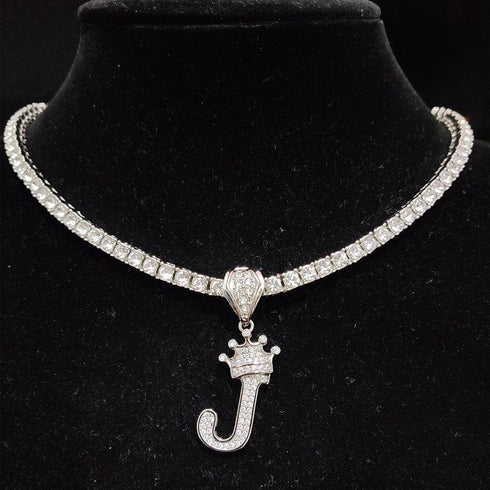 Custom Block Crown Initial Pendant Tennis Chain