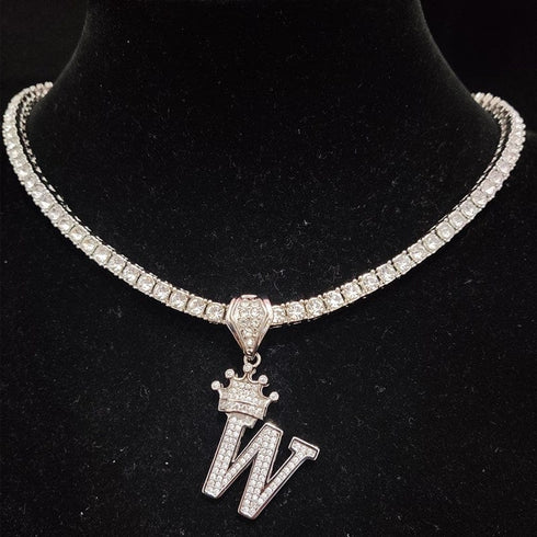 Custom Block Crown Initial Pendant Tennis Chain