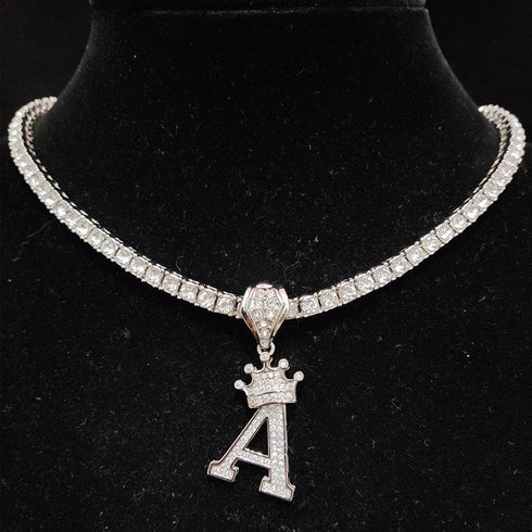 Custom Block Crown Initial Pendant Tennis Chain