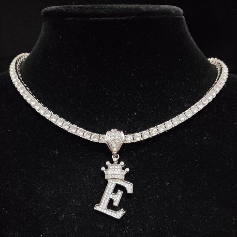 Custom Block Crown Initial Pendant Tennis Chain