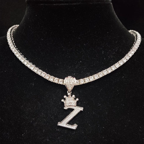 Custom Block Crown Initial Pendant Tennis Chain