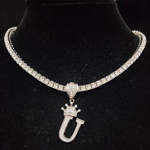 Custom Block Crown Initial Pendant Tennis Chain