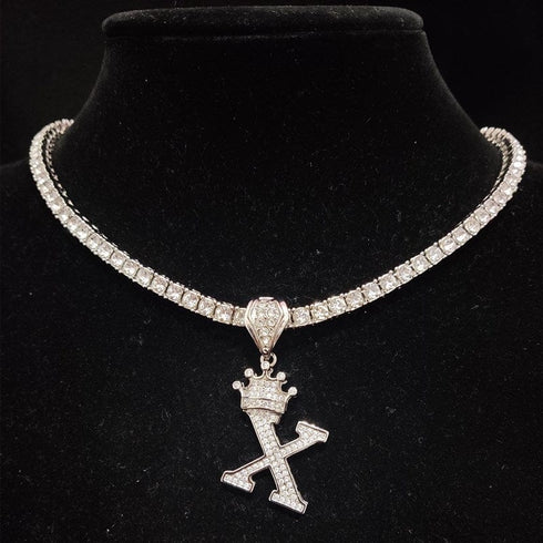 Custom Block Crown Initial Pendant Tennis Chain