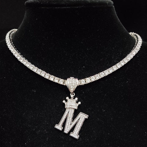 Custom Block Crown Initial Pendant Tennis Chain