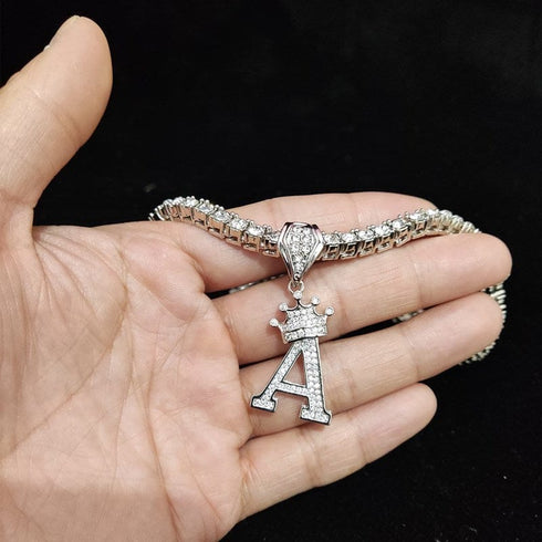 Custom Block Crown Initial Pendant Tennis Chain