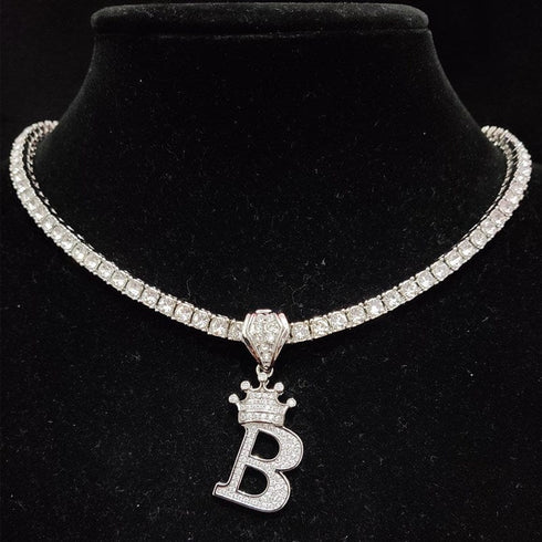 Custom Block Crown Initial Pendant Tennis Chain