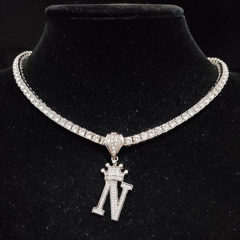 Custom Block Crown Initial Pendant Tennis Chain