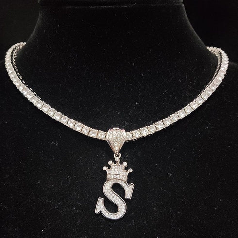 Custom Block Crown Initial Pendant Tennis Chain
