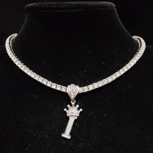 Custom Block Crown Initial Pendant Tennis Chain