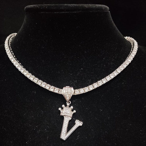 Custom Block Crown Initial Pendant Tennis Chain